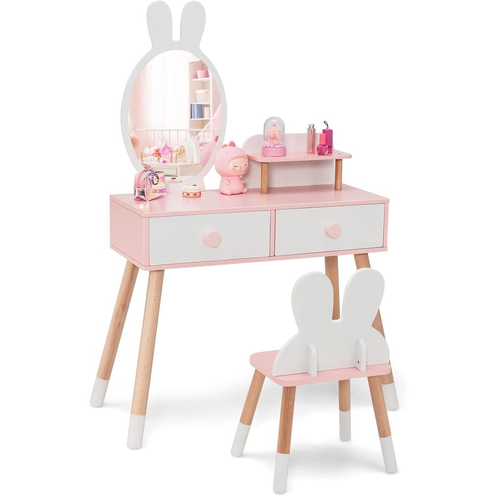 Beauty Makeup Set For Kids - โต๊ะเครื่องแป้งเด็ก EY Kids ลายกระต่าย พร้อมเก้าอี้ไม้สำหรับเด็กเล็ก พร้อมลิ้นชักขนาดใหญ่
