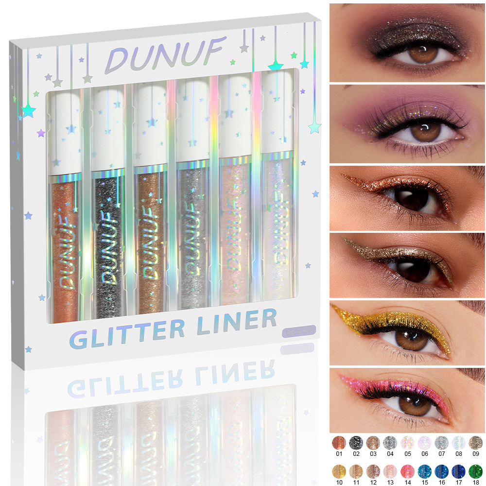 Beauty Makeup Events - 6 ชิ้นชุดอายไลเนอร์กลิตเตอร์สีทองสีเงินประกายเหลวกันน้ำป้องกันรอยเปื้อนสำหรับงานปาร์ตี้เทศกาลเวทีคอสเพลย์กิจกรรมแต่งหน้า