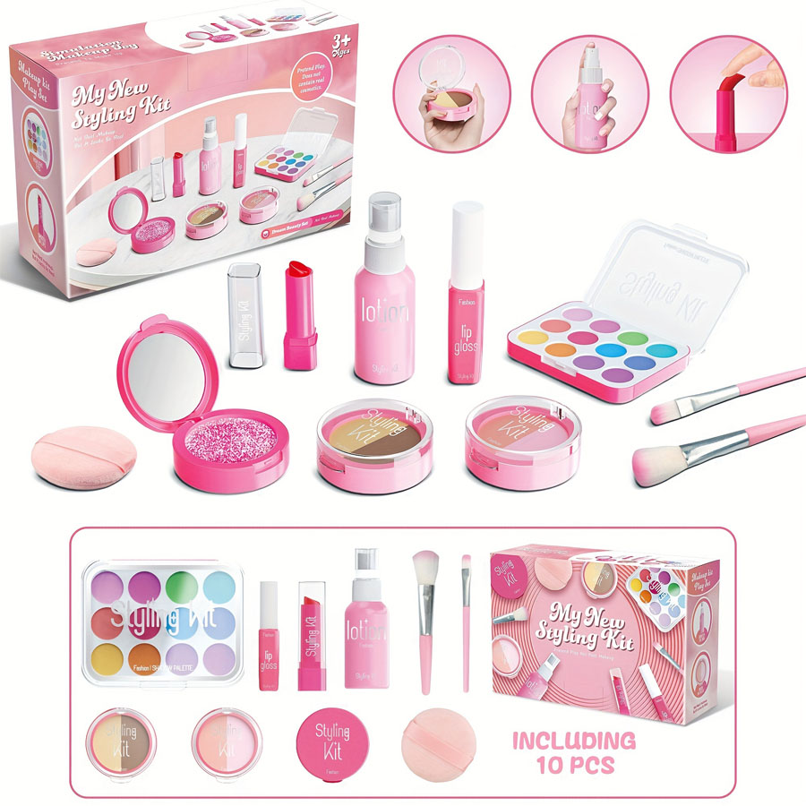 Beauty Real Makeup - ชุดของเล่นแต่งหน้าสําหรับเด็กชุดกล่องแต่งหน้าความงามจําลองไม่มีรอยเปื้อนไม่มีของเหลว 10 ชิ้นชุดปลอดสารพิษ (ไม่แต่งหน้าจริง)